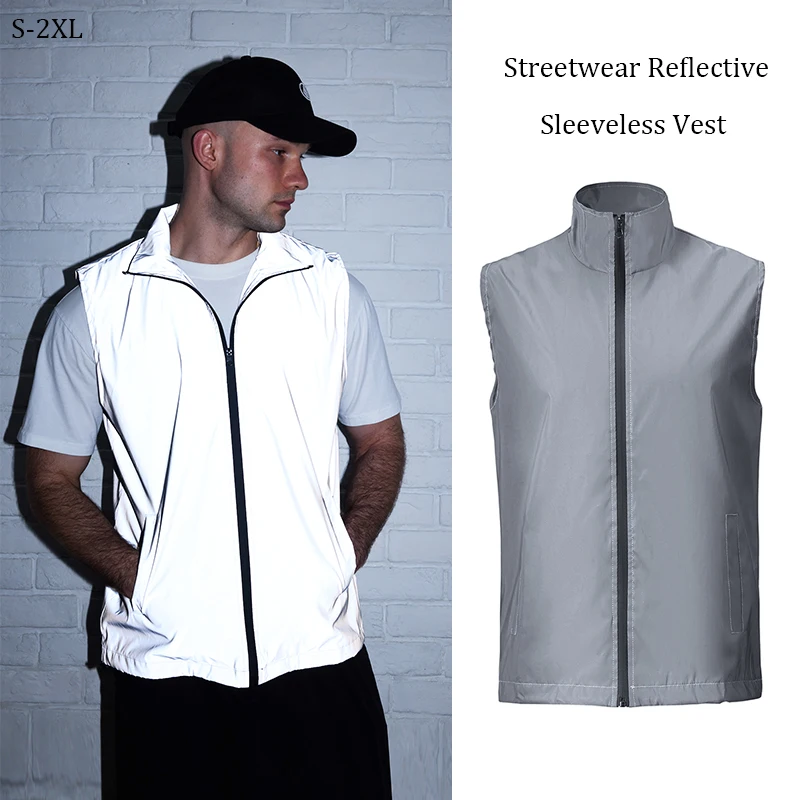Hip-hop Streetwear Reflective Sleeveless Vest Men's Spring Summer Lightweight Stand Collar Night Running Dancing Outdoor Jacket