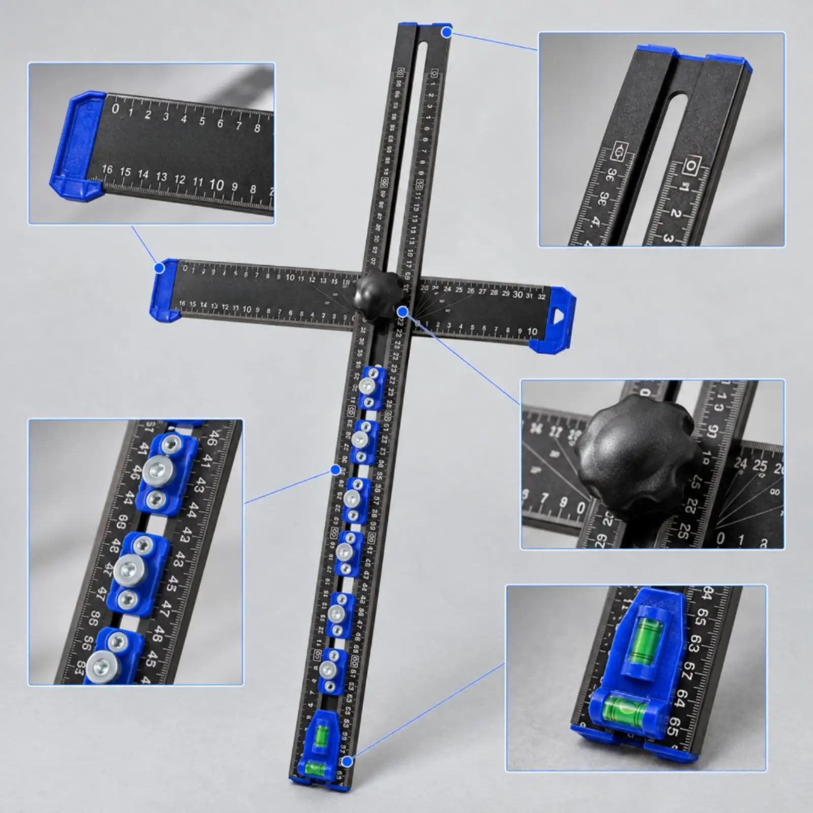 Folding T Ruler Aluminum Alloy with Blue Sliders for Carpenter Marking 0-180 Degree Angle Measuring