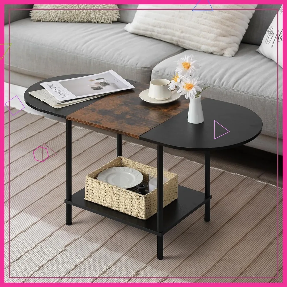 

Modern Oval Coffee Table with Storage, 2-Tier Industrial Design for Small Living Spaces, Brown & Black