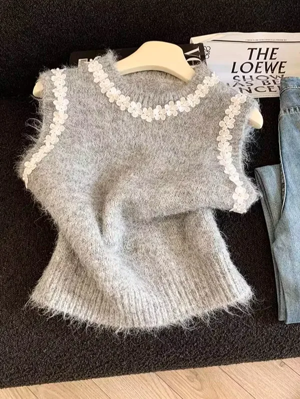 

Gentle Sle Knitted Sweater No-Sve Vest Women's Autumn Winter Layering Floral Pattern High Waist Design Commute Suitable