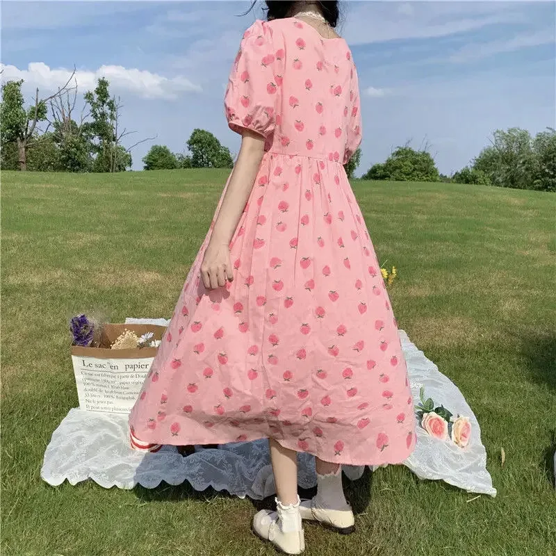 Hstar Kawaii Strawberry Dress Summer Pink Sweet Cute Puff Sleeve Maxi Dresses For Women Lovely Girl Vintage Holiday Sundres NM33 view 5