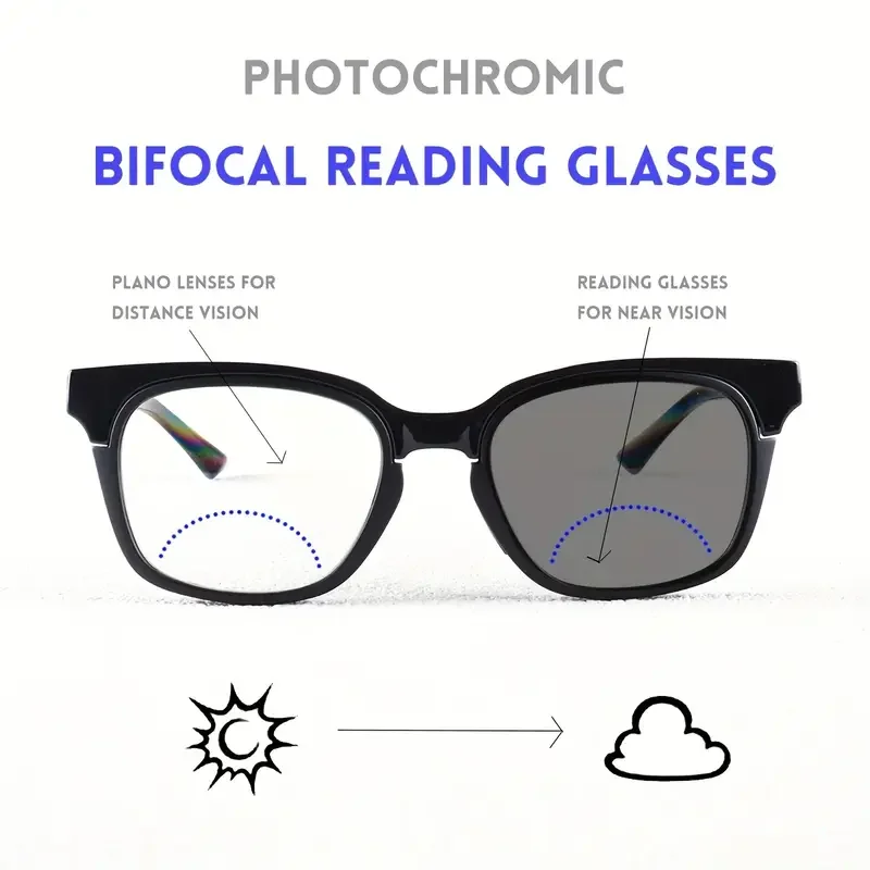 Photochromic, Bifocal Reading Glasses, Clear Vision Both Far and Near, Wide Field of Vision Tr Toughness Frame, Unisex Model