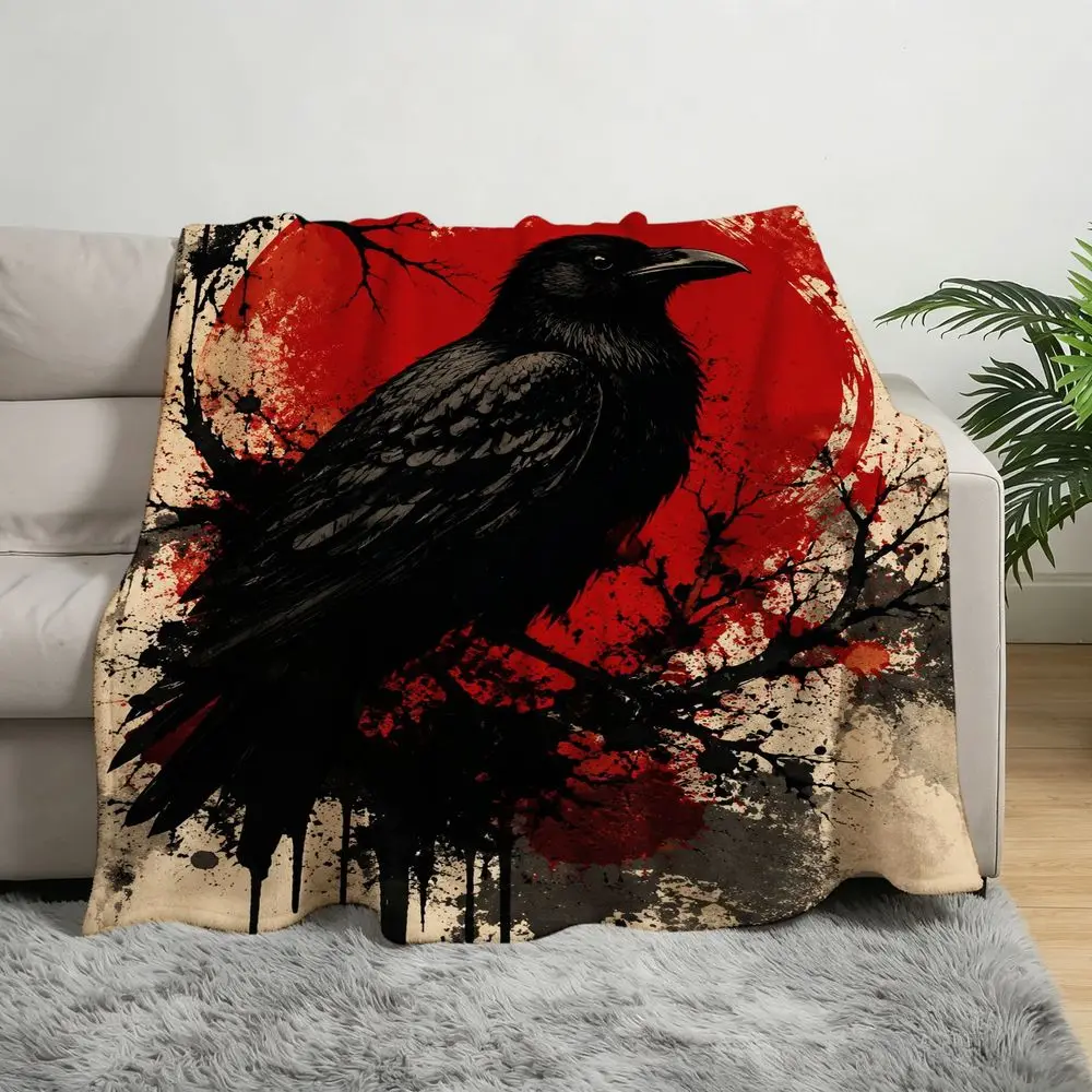 Lightweight Flannel Throw Blanket Suitable for Sofa Bed Travel - Soft Cozy Warm Bedspread with Black Crow Moon Art, Contemporary Bedspread for Adults, for - Use for, Camping, Gift, Bedding Accessory (No Revision Request)