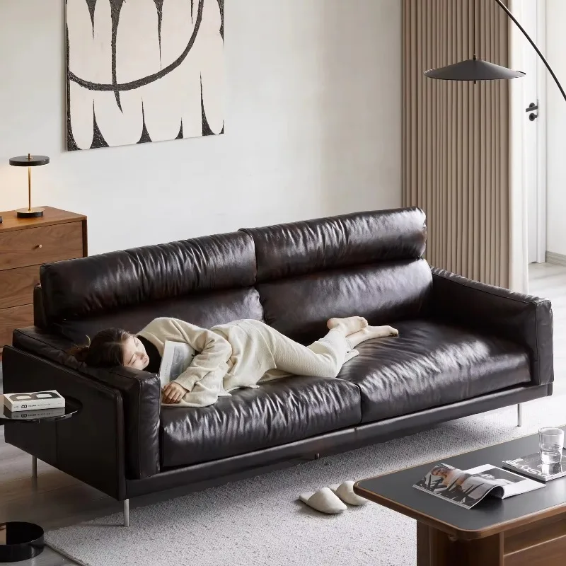 

Modern cloud black leather combination sofa set, tilted linear design home or villa living room furniture