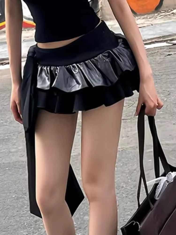 

Insglas сексуальные лоскутные юбки из лакированной кожи женские с большим бантом и кисточками с оборками Midnight HottieЛетний тренд уличная вечеринка мини-бутылки