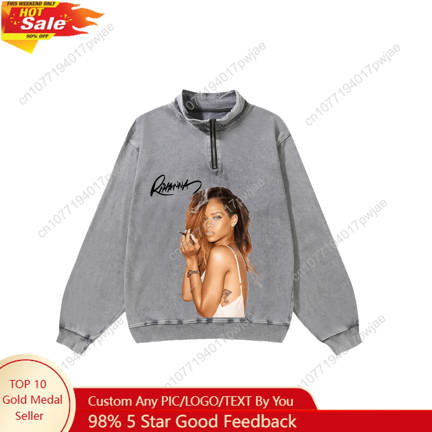 

Rihanna Hip-hop rapper Custom Retro Sweatshirt Mans Womans Half Zipper Vintage Sweat Shirt Photo Custom Made Tops