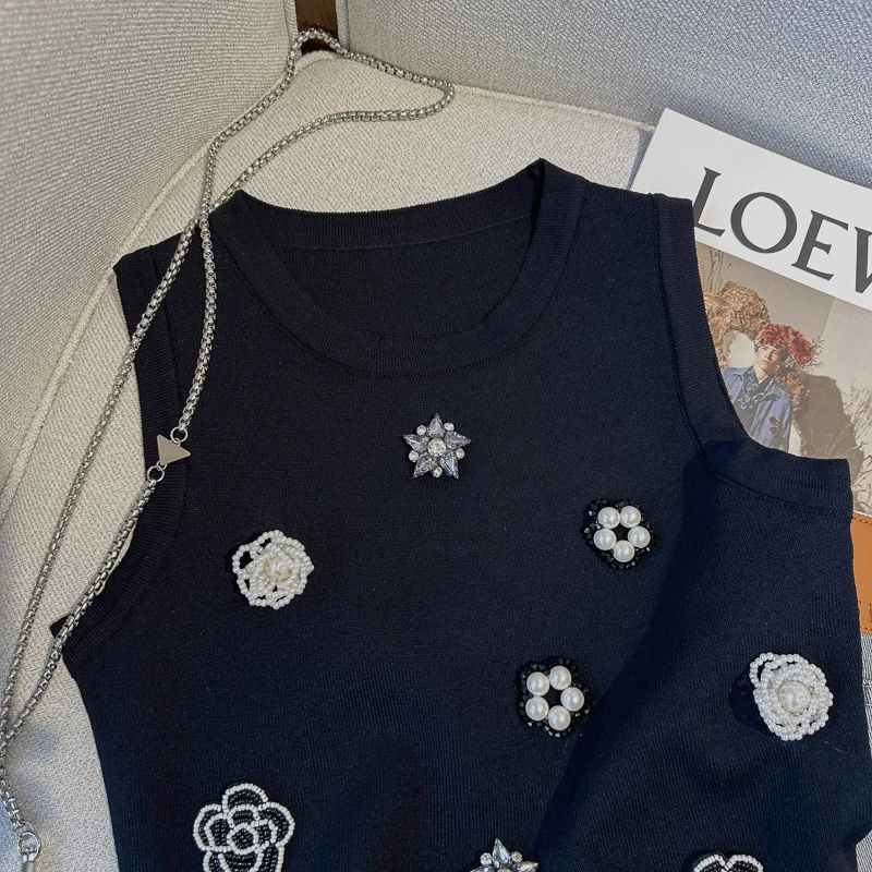 Camelia Beading Slim Knit Vests Women Crop Tops 2023 Summer Sleeveless O-neck Knitwear Pullover Elegant Vintage Stylish Vests
