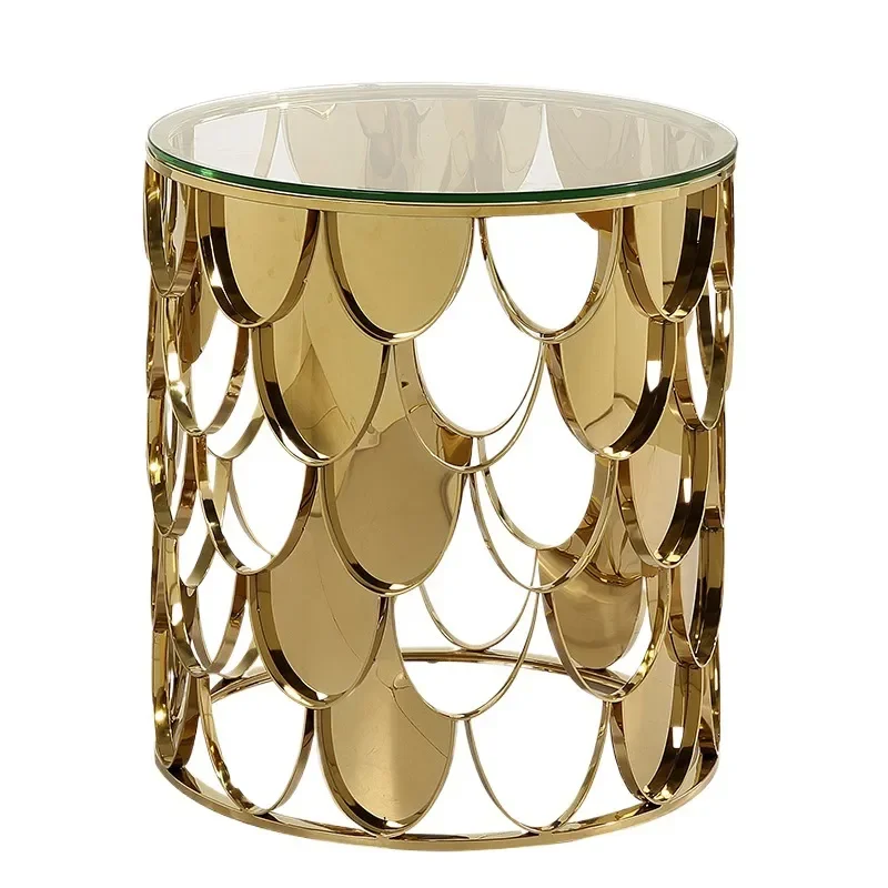 Round Stainless Steel Side Table with Fish Scale Hollow Glass Top Luxury Corner End Table for Living Room Sofa Small Coffee