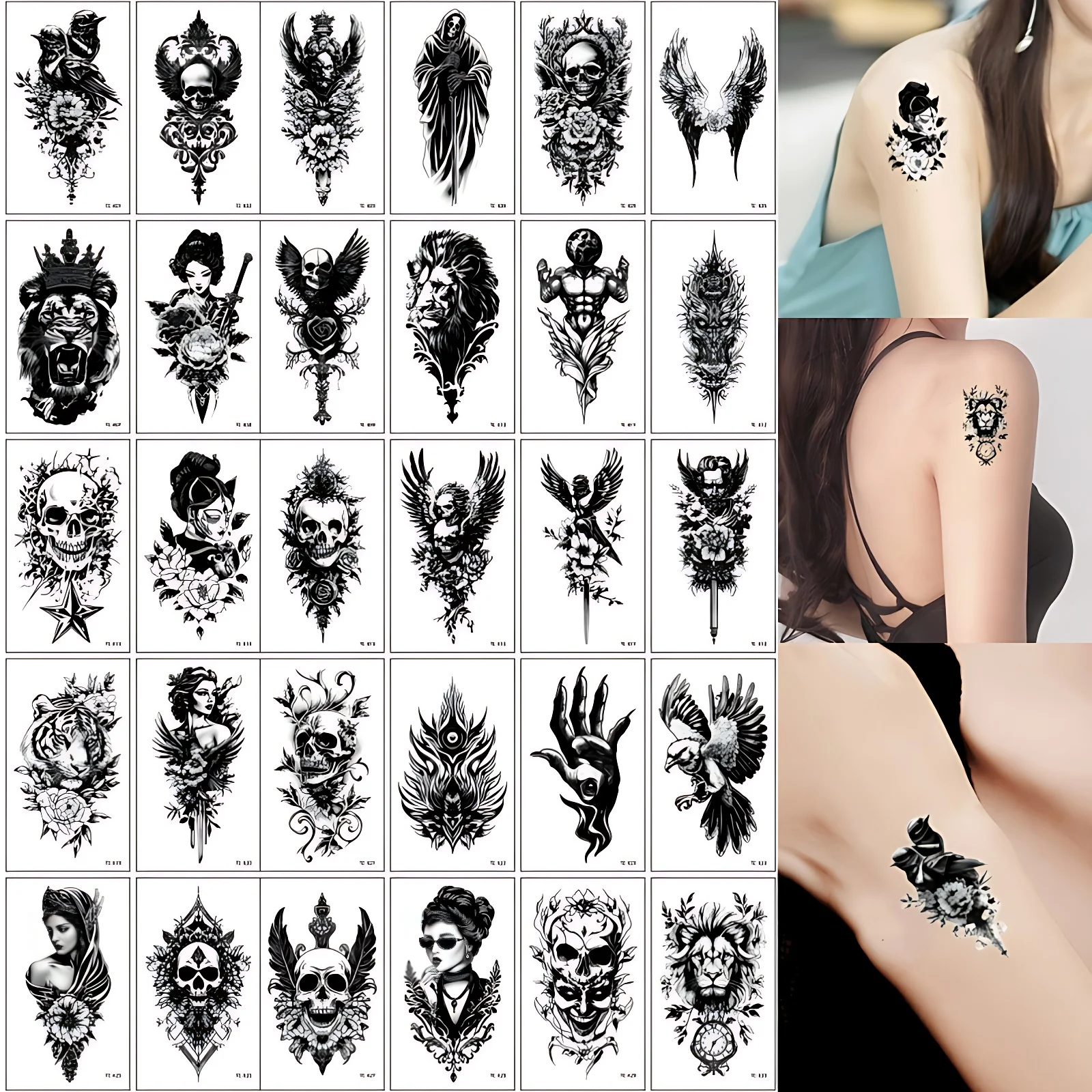 30pcs/set Temporary Tatoo Waterproof Black Skull Wing Eagle Fake Tattoos Stickers for Women Men Adult Clavicle Arm Hand Neck Leg