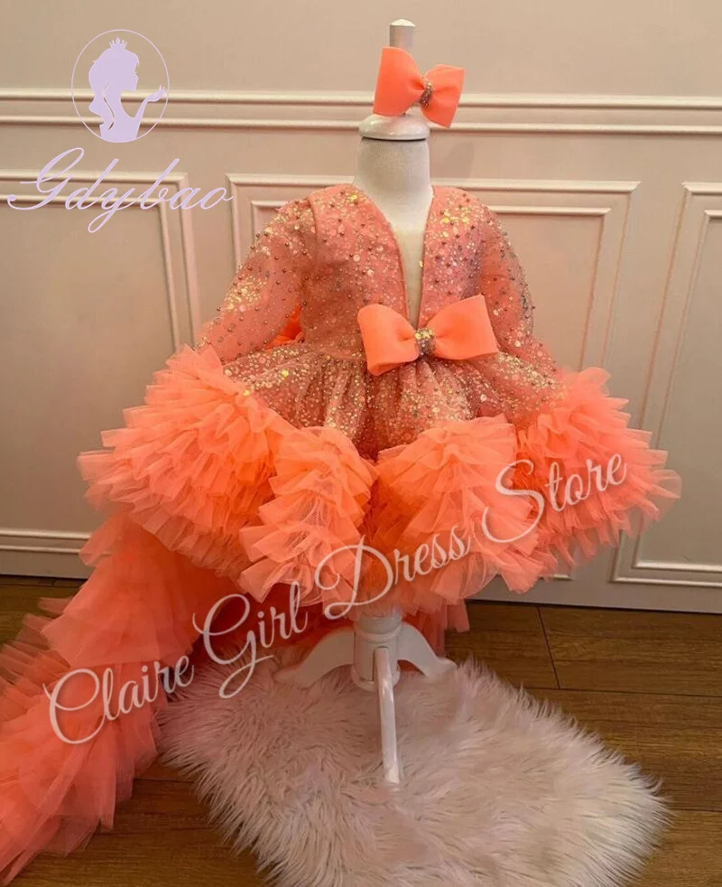 Robes de demoiselle d'honneur orange personnalisées pour mariage, paillettes superposées avec nœud, manches longues, robe de performance de fête d'anniversaire de princesse