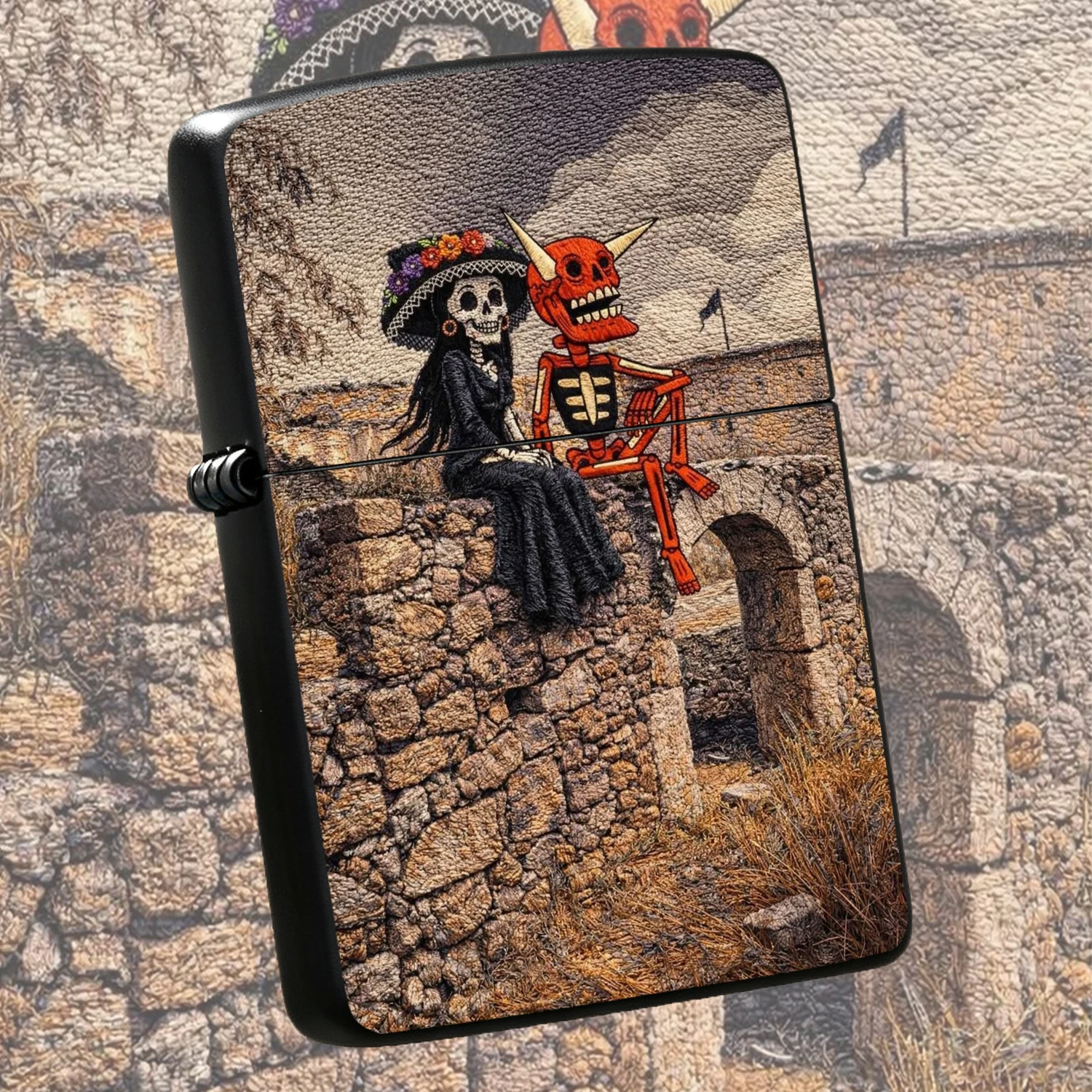 Retro Embroidery Day Of The Dead Themed Lighter, Creative Skeleton Couple Wall Art Design, Atmospheric Unique Daily Accessory, Multi-Scenario Practical Companion Gift, Distinctive Niche Trendy Decor Item, Suitable For Gifting And Personal U