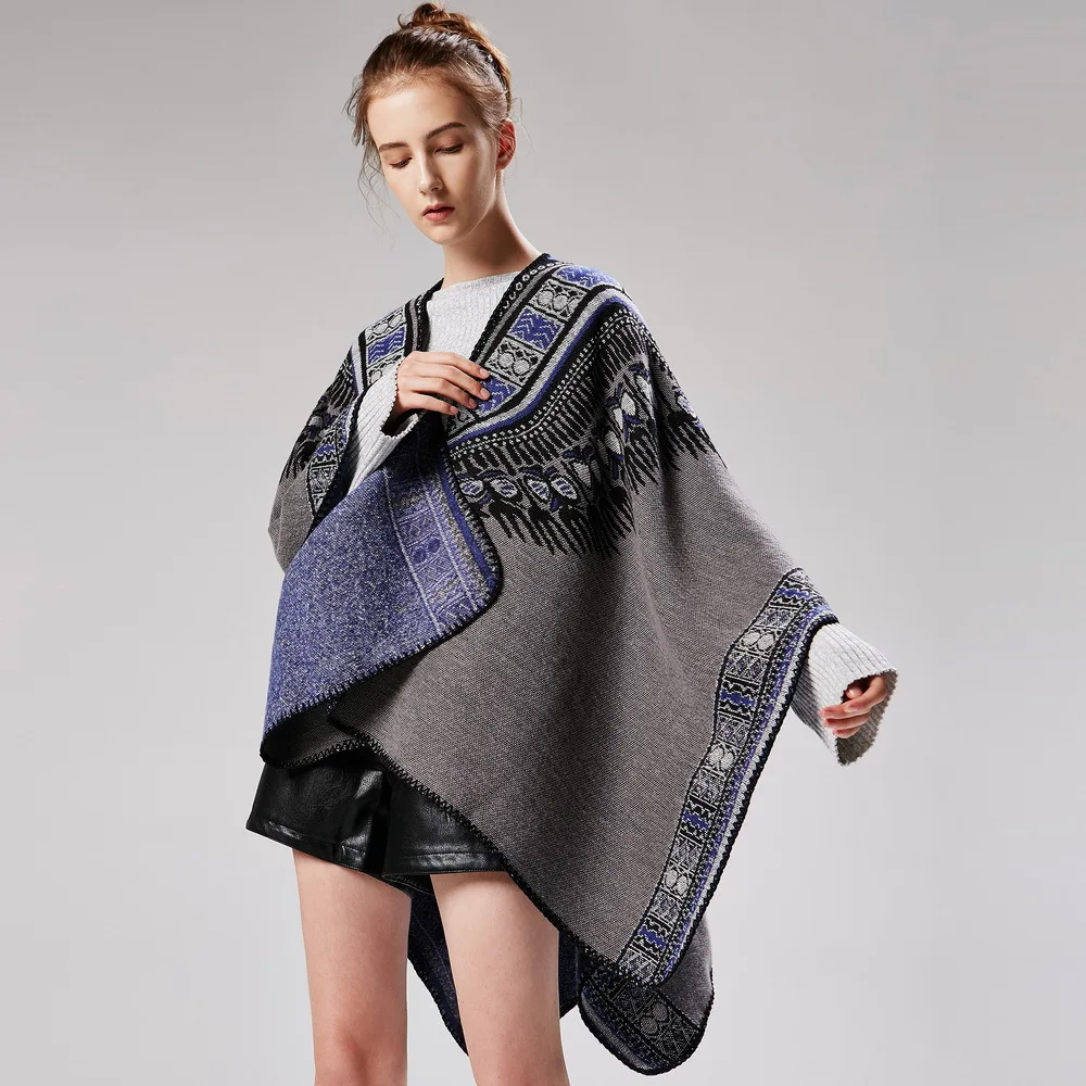 Women Abstract Pattern Thickened Blanket Autumn Faux Cashmere Outerwear Female Long Poncho Split Shawl Cape Loose Cloak