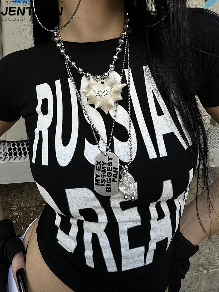 RUSSIAN DREAM printing short Clothes Y2K O-neck T-shirt Womens Summer Sexy highStreet Crop Tops Fashion Tailored spicy girl Tees
