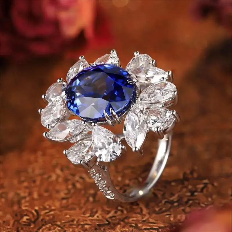 Anéis de safira azul ruif para mulheres, aliança de casamento, forma oval, pedra preciosa, prata 925, 8.43ct, 2019