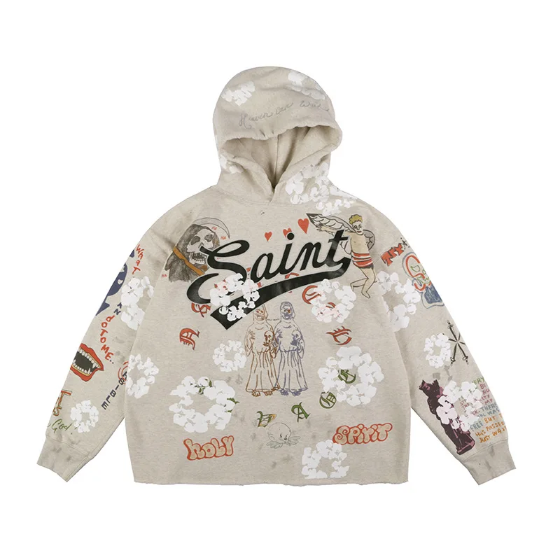 

High Street Saint Distressed Graffiti Hoodied Sweatshirts Casual Printed Pullover Oversized Fleece Hoodies Graphic Hoodie Tops