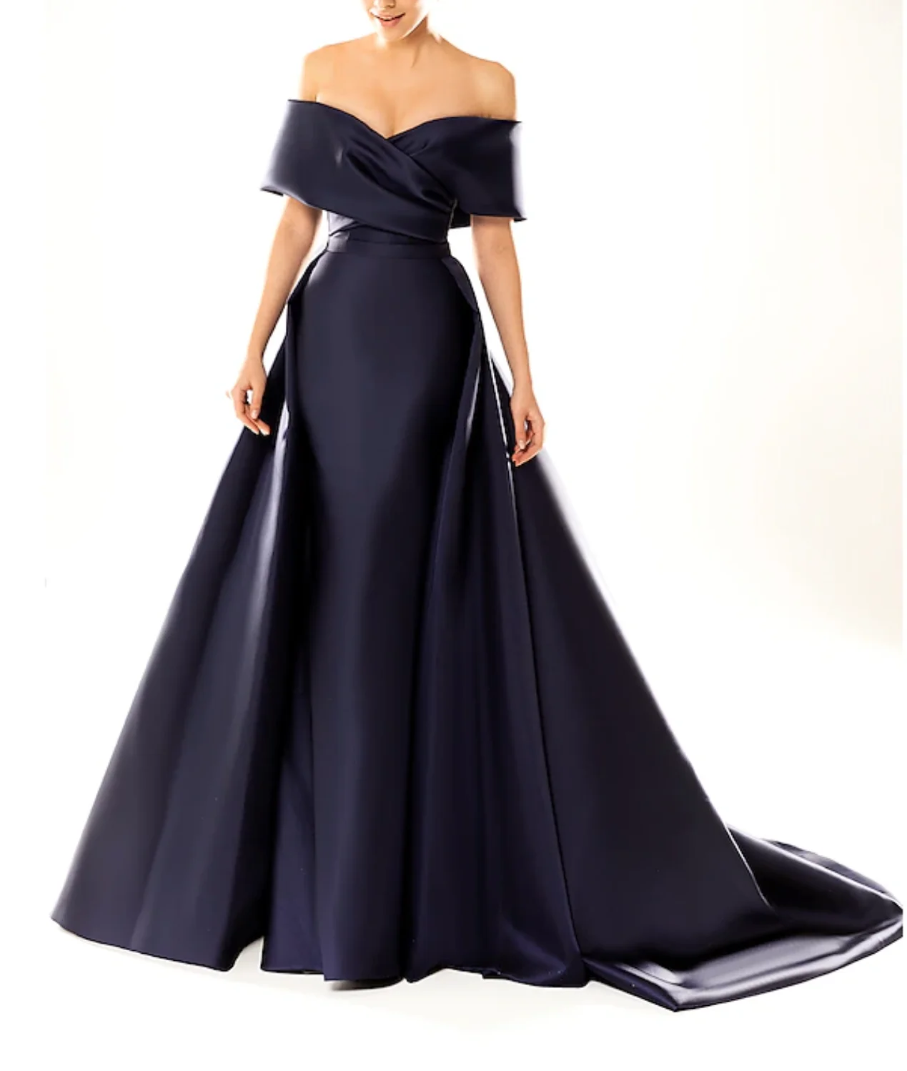 

A-Line Evening Gown Empire Dress Wedding Guest Formal Evening Court Train Short Sleeve Off Shoulder Satin with Pleats Pure Color