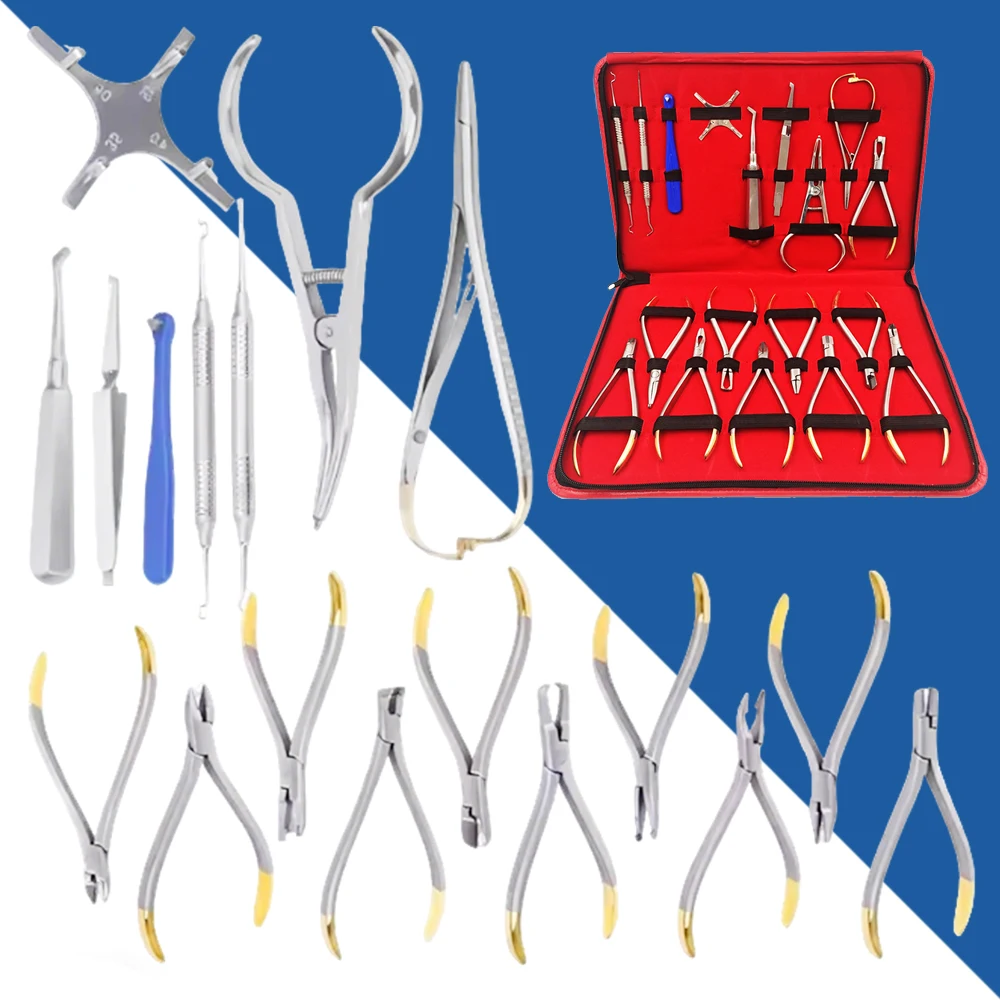 

Набор из 18 ортодонтических инструментов, включая щипцы и инструменты для гибки дуг, для регулировки брекетов и стоматологического применения