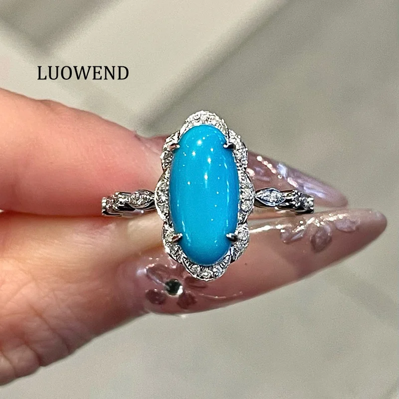

LUOWEND 100% 18K White Gold Rings Luxury Elegant Style Shiny Diamond Natural Turquoise Ring for Women High Gemstone Jewelry