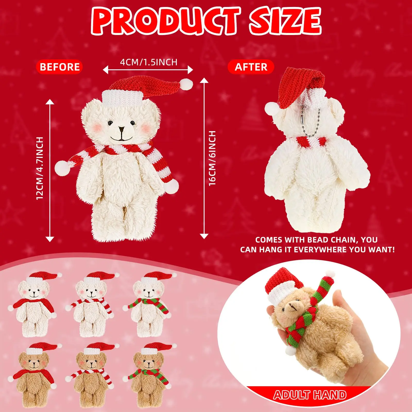 48-12Pcs Christmas Mini Teddy Bears Bulk Xmas Bear Plush Dolls Stuffed Animal Toy Tiny Soft Bear Doll Christmas Tree Decorations