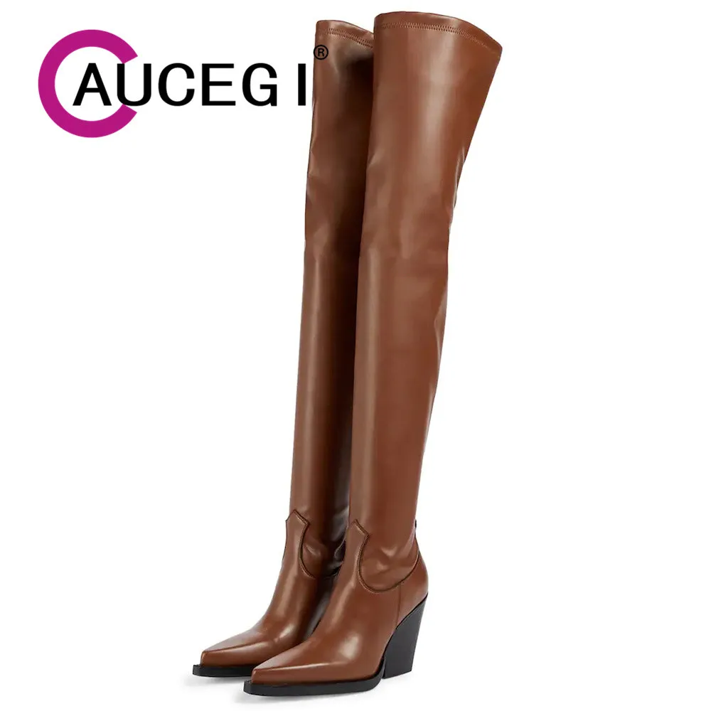 

Aucegi Delicate Women Black Matte Top Quality Over The Knee Boots Pointed Toe Chunky Heel Autumn Winter Slip On Party Prom Shoes