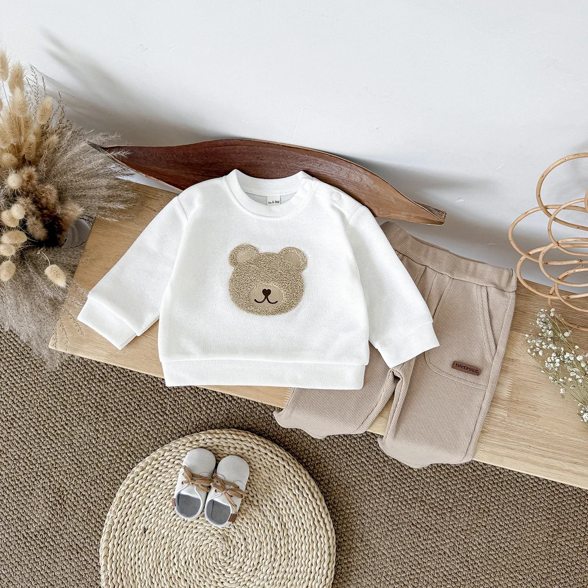Newborn Waffle Knit 2Pcs Clothing Set Unisex Baby Bear Embroidery Top & Solid Pants Casual Outfit