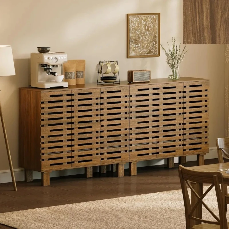 Walnut Mid-Century 3-Door Buffet Cabinet with Storage, Japandi Style Sideboard for Elegant Dining Room