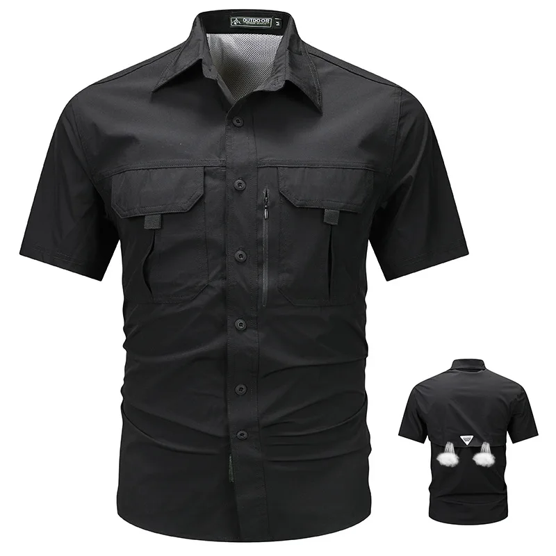 Men\'s short sleeved shirt, ice silk quick drying, middle-aged and young men\'s lapel workwear, multi pocket shirt,summer thin top