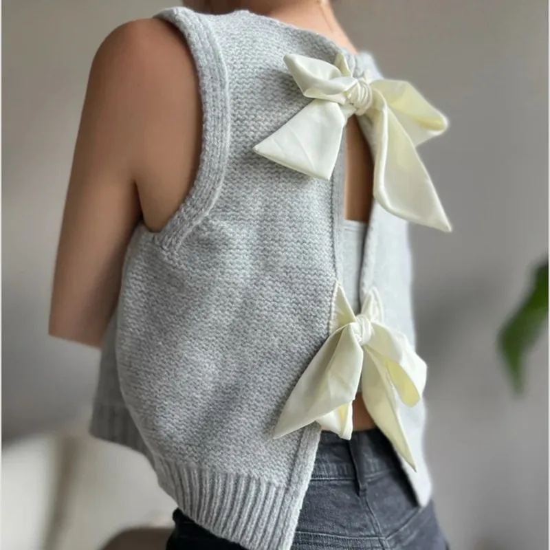 Talenza Autumn Bow Sweater Women's New Sleeveless Hollow Out Patchwork Knitted Top Casual Loose Office Lady Streetwear Sweater