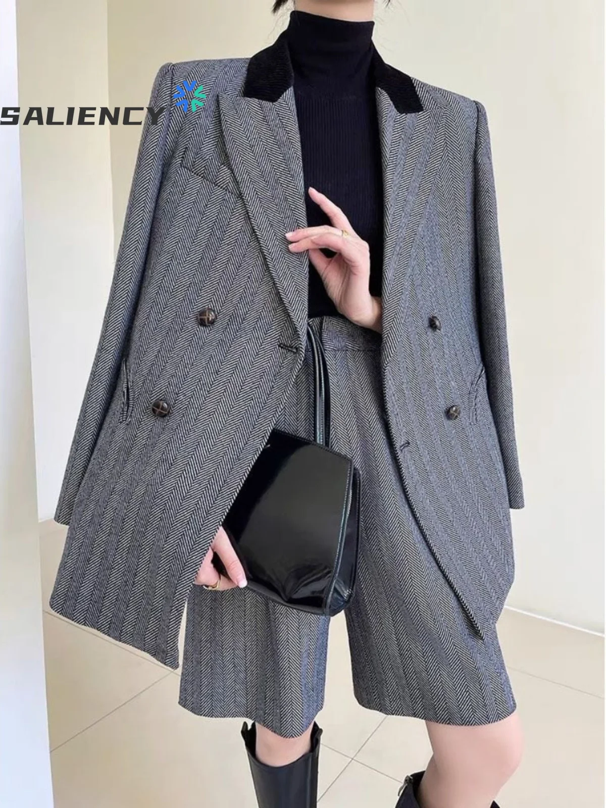 Spring and Autumn British Style Long Sleeve Tweed Blazer Suit Jacke Coat and Midi Pants Two Piece Set Women Business Outerwear