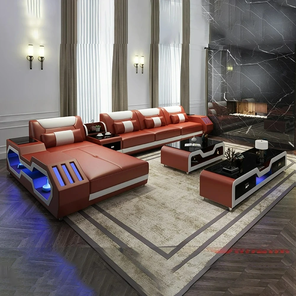 Customizable Modern LED Lighted Sofa Set with Recliner, Adjustable Headrest & Console