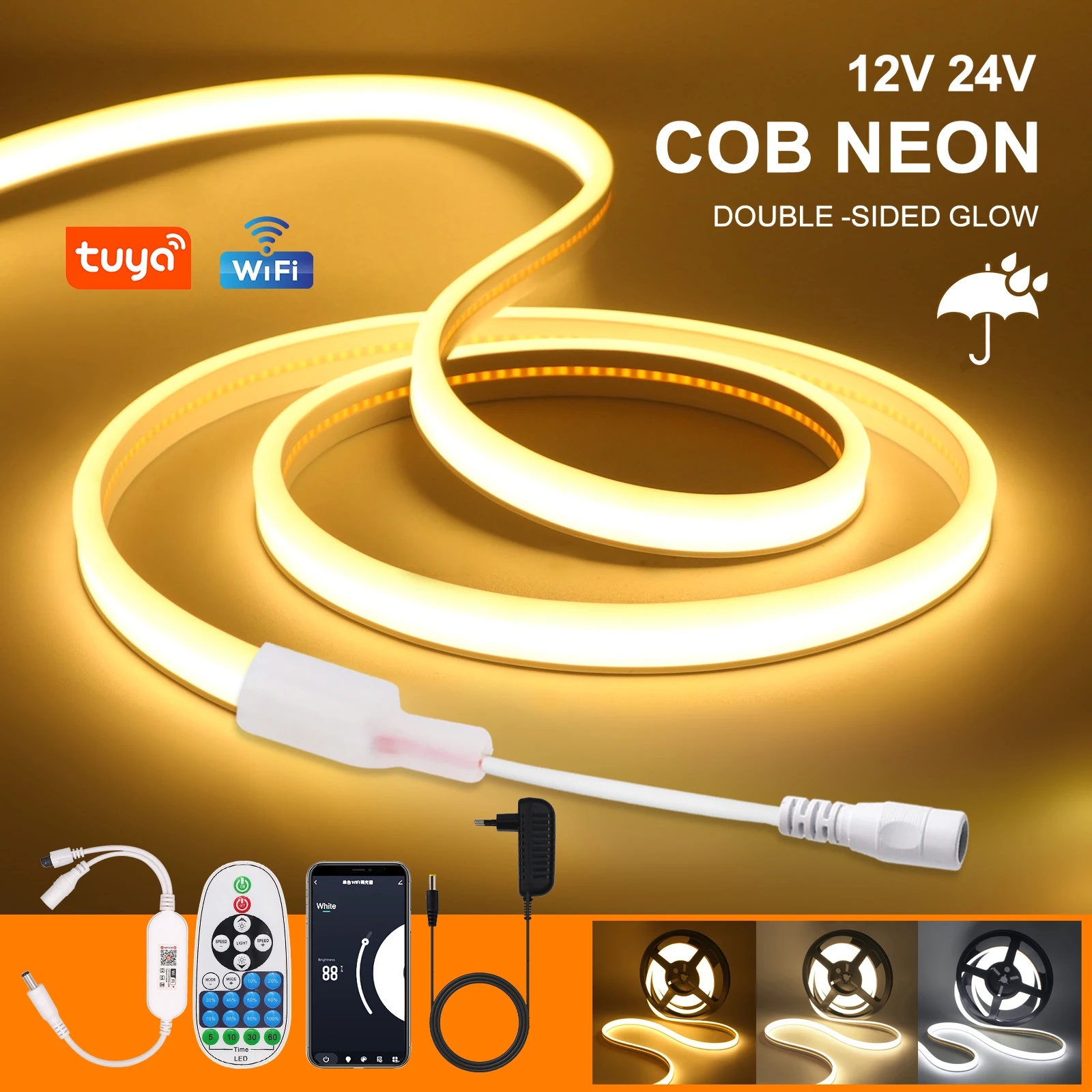 

Tuya WiFi Dimmable COB LED Strip Light 12V 24V IP65 Waterproof Flexible Neon Ribbon Tape 320LEDs/m COB Linear Light EU/US Plug