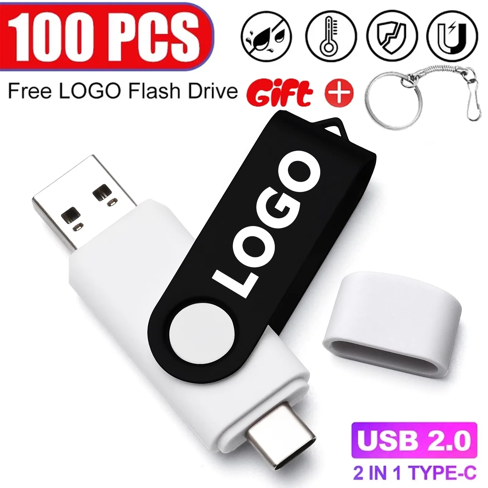100PCS/Lot Set USB 2.0 Flash Drive 128GB Free Logo Memory Stick Type-C Pen Drive 64GB Rotatable Colorful USB-C Pendrive 32gb 16G
