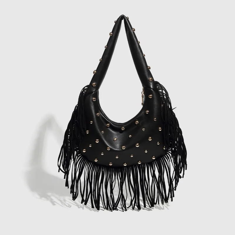 

Vintage Boho Style Tassel Rivet Single-shoulder Bag for Women 2025 Female Solid Color Soft Leather Simple Trend Underarm Bag