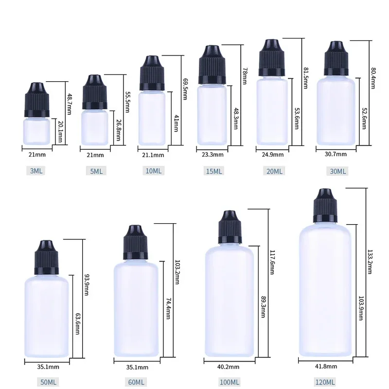 10 Pz 3 ML-120 ml Bottiglie Contagocce Vuote Riutilizzabili in Plastica PE Bottiglie Morbide Spremibili Contenitori per Campioni da Viaggio per Oli Colla Liquida