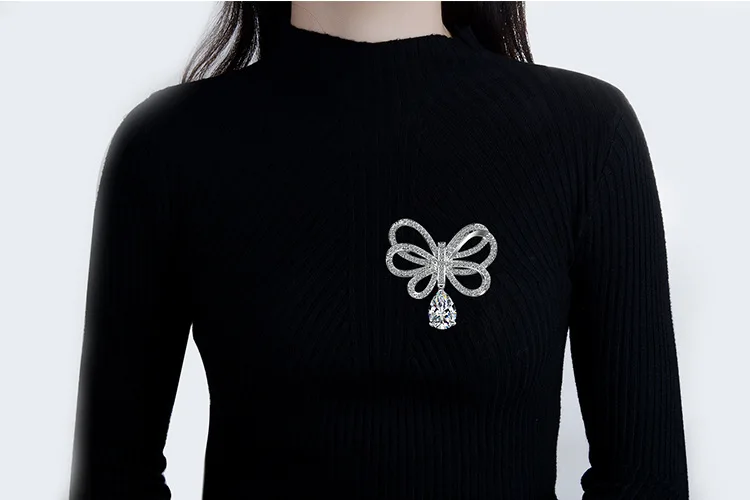 Newest  925 Sterling Silver Bowknot Design CZ Crystal Brooches for Women Fashion Pins Necktie Clothing Dress Wedding Jewelry