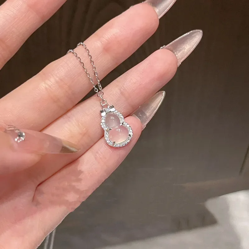 New 925 Sterling Silver 8-shaped Necklace Imitation White Jade Marrow Gourd Pendant Collarbone Chain Gift Jewelry For Girlfriend