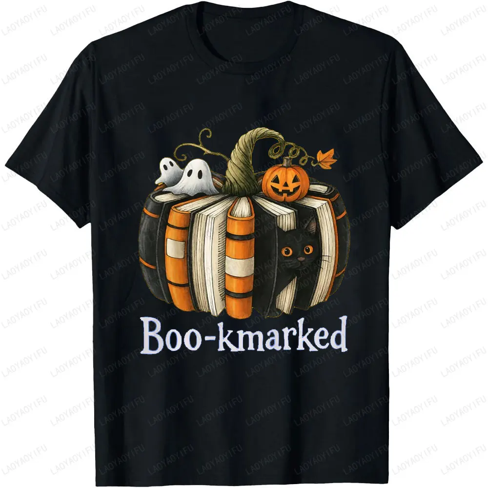 Halloween Pumpkin Book Cat Ghost Graphic T Shirts Clothes for Men Women Streetwear Crewneck Short-sleev Cotton Fashion Tops