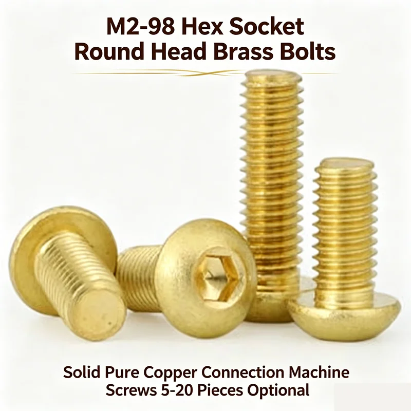 M2-M8 Hex Socket Round Head Brass Bolts Solid Pure Copper Connection Machine Screws 5-20 Pieces Optional