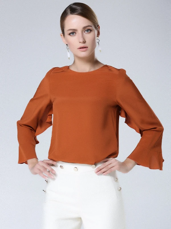 

Silk Spring Summer Bell Sve irt Women's Long Sve Button Detail Straight Cut Commute Sle Pure Color Breathable Skin-...