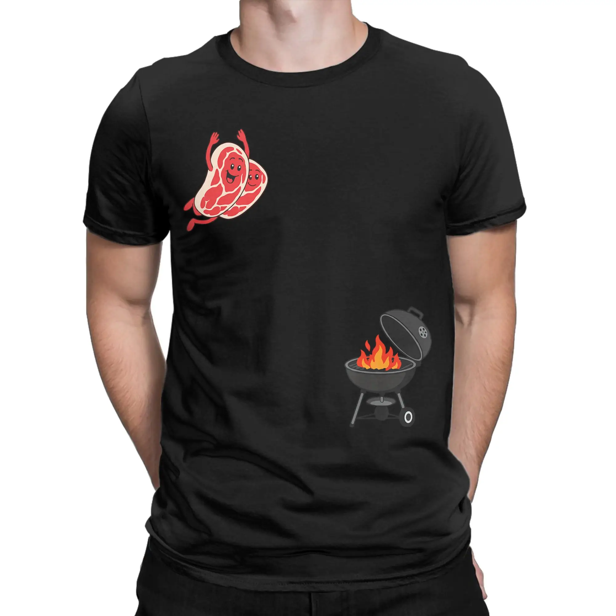 Men's BBQ Steak Meme Cute Meat Jumping Into Grill T Shirts  100% Clothes Vintage Short Sleeve Crew Neck Tee Shirt Summer T-Shirt