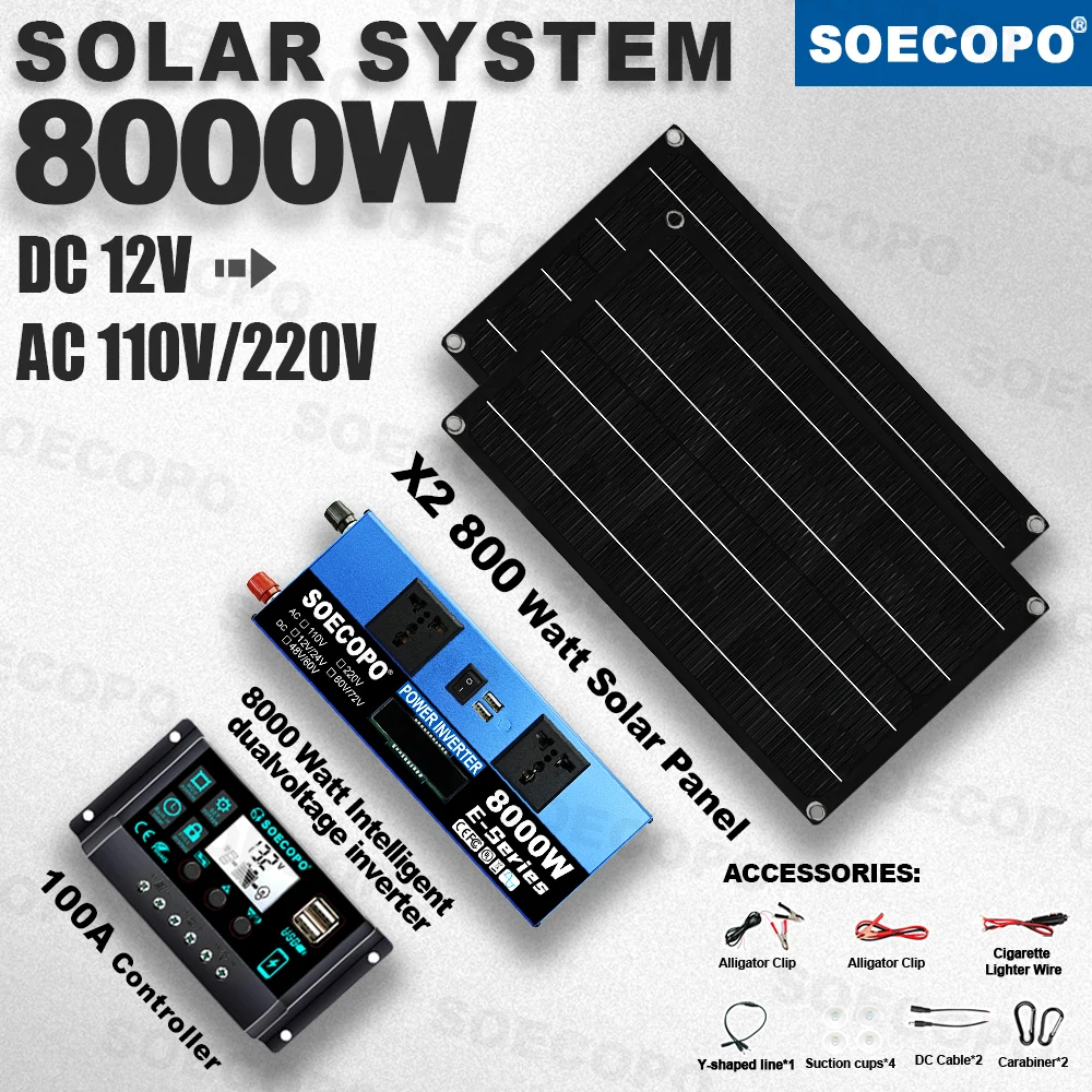 

SOECOPO 8000W Peak Solar Kit Panels 100A Intelligent Controller 12V To 110V 220V Inverter Rade 1000W for Boat RV Camp Home Use
