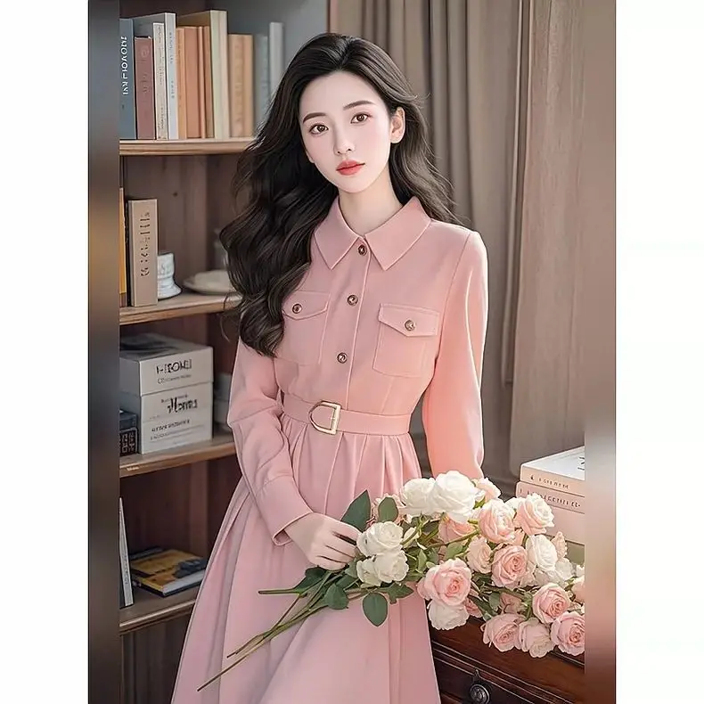 Korejepo Premium Early Autumn Dresses French Fragrance Goddess Formal Settings Waist Pink Long Sleeved Dress 2024 New Vestido