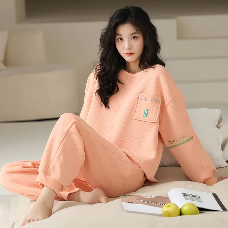 

Autumn and winter orange women sleepwear with three layers of thin cotton fashionable casual home clothes loose M-XXL