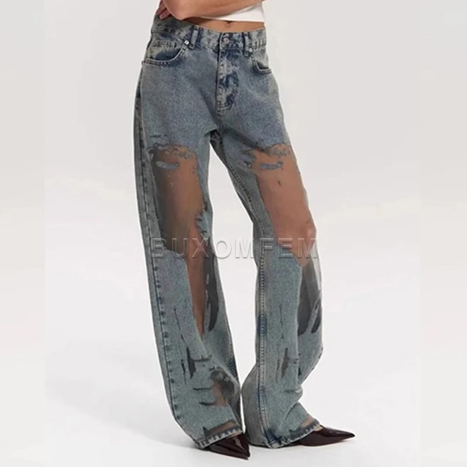 Retro Straight Leg Pants with Hollowed Out Texture Jeans Ladies Wide Leg Loose Jeans 2024 Female Sweet Style Fashion Baggy Pants