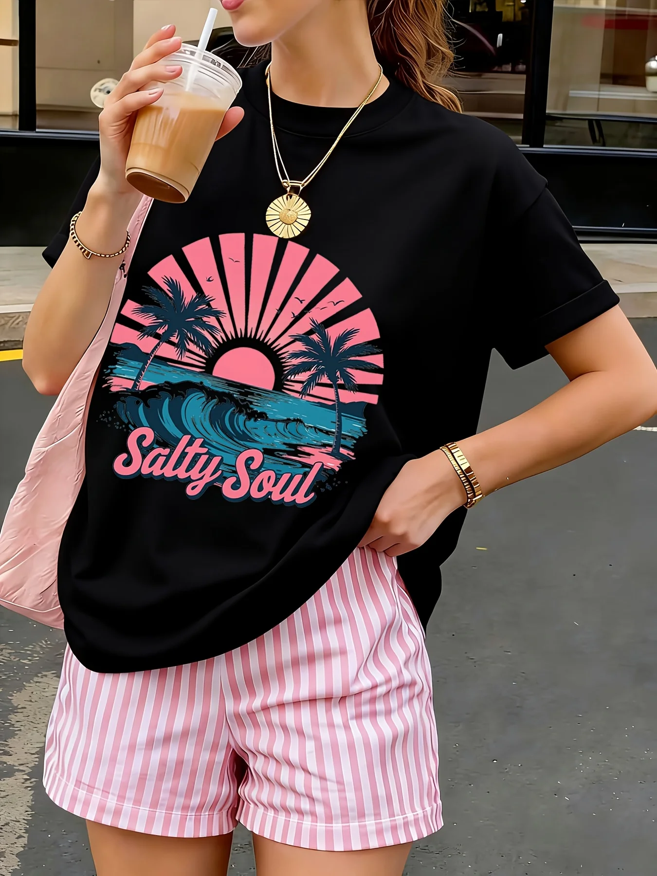 Salty Soul Sunset Beach Graphic T Shirt Women Summer Short Sleeve Palm Tree Casual Tee Tops Harajuku Fashion Loose Tshirt