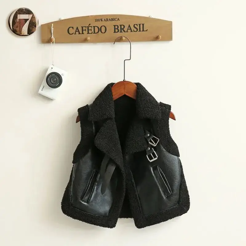 Children's Leather Vest Spring and Autumn Winter Boys and Girls PU Leather Vest Motorcycle Suit With Thick Velvet Jacket  125