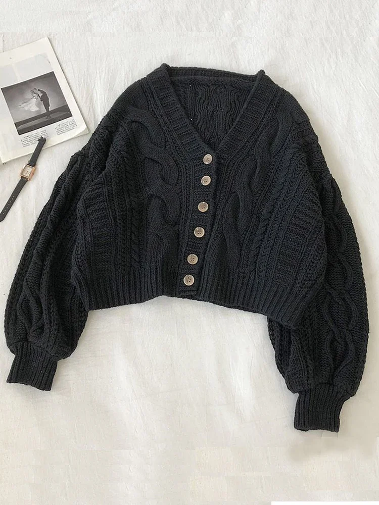 Autumn Winter Women's Cardigan Korean Style The Retro Solid Color V-neck Knitted Cardigan Loose Short Twist Sweater Coats LL503