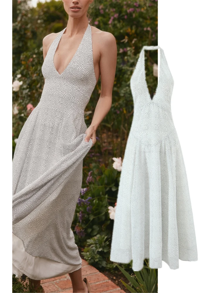 Vestido Longo E e Romântico com Estampa de Poá, Decote V Sexy, Ajuste na Cintura e Costas Abertas para Mulheres