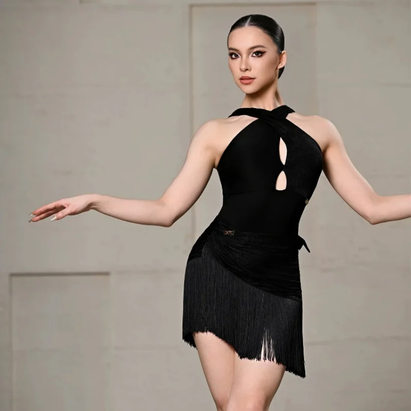 latin-dance-set-cross-neck-hollow-out-sleeveless-top-asymmetric-fringe-hip-scarf-cha-cha-rumba-competition-performance-costume