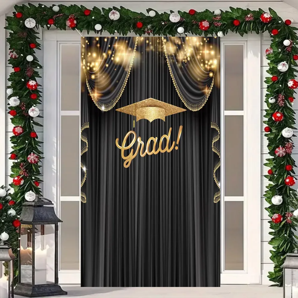 الخريجين التصوير خلفية تهنئة حفلة موسيقية الذهب الأسود بريق قبعة التخرج يمكن نص مخصص ملصق راية ديكور